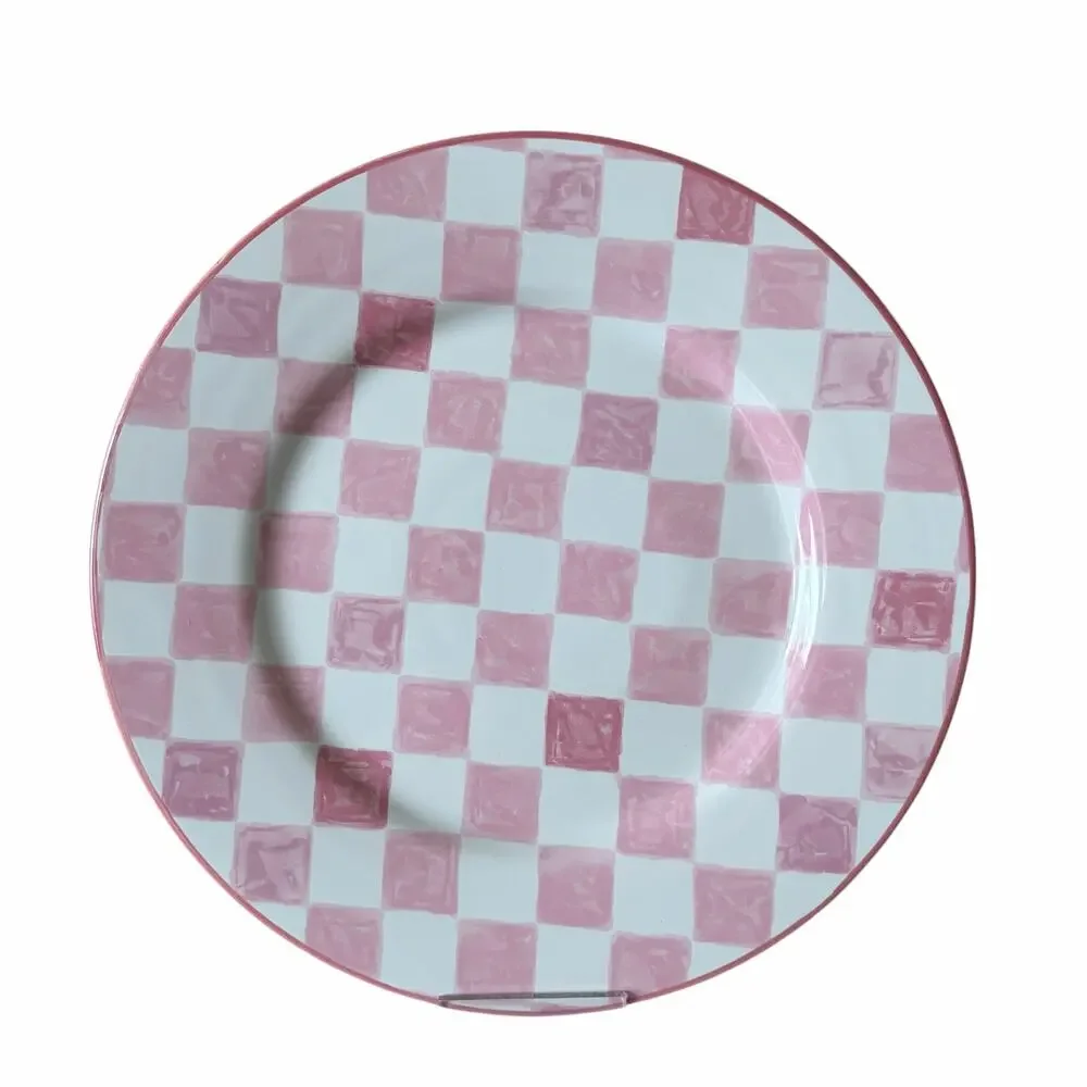 NEW Mackenzie-Childs Pink Check Dinner Plate 11in Portugal Stoneware